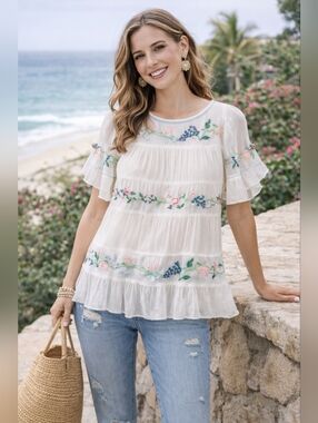 Pink Cattlelac Sheer Floral Embroidered Boho Blouse Medium White Romantic Top